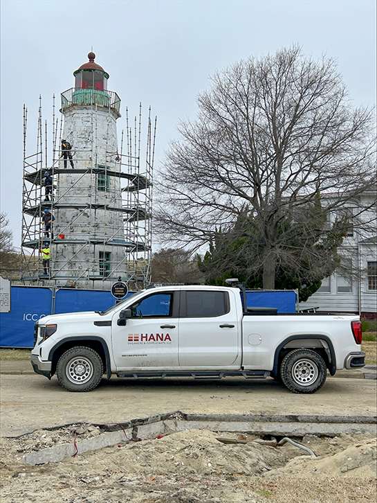 Work crews build the scaffolding that will hold the environmentally safe shroud covering the Old Point Comfort Lighthouse in Virginia. (Photo/Hana Engineers)